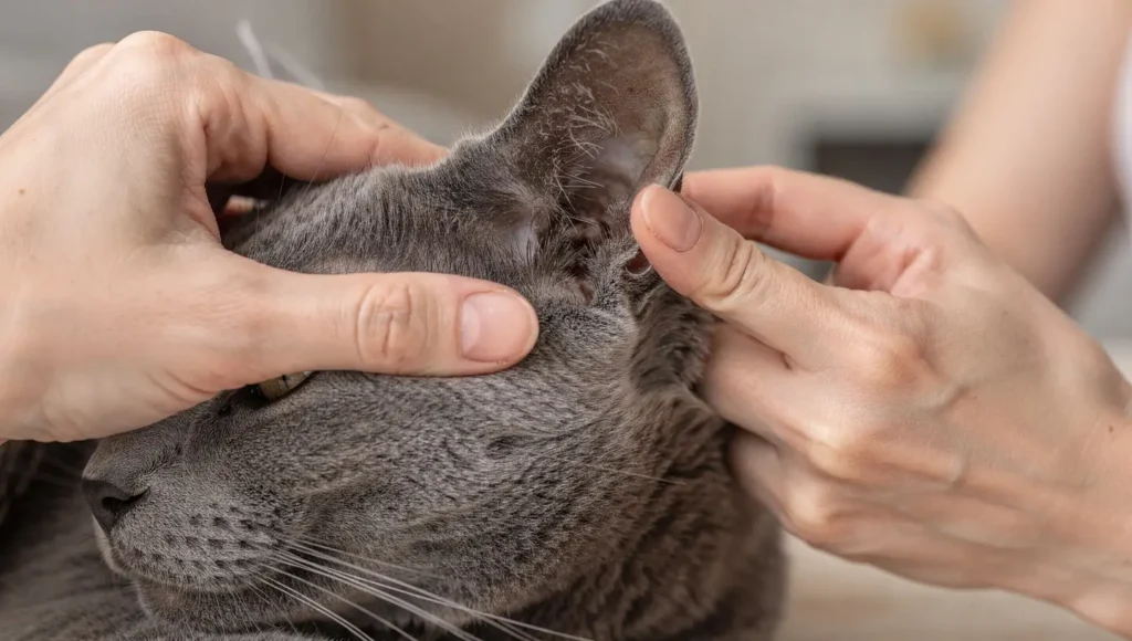 A step-by-step graphic showing an owner checking a cat's ears, eyes, and paws gently.