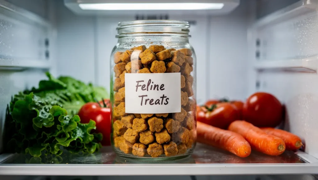 Homemade cat treats stored safely in an airtight glass jar in the fridge.