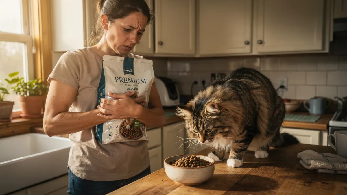 How to switch cat food A concerned cat owner holding a bag of new dry food while their fluffy tabby cat skeptically sniffs a bowl, illustrating the challenge of switching cat food.