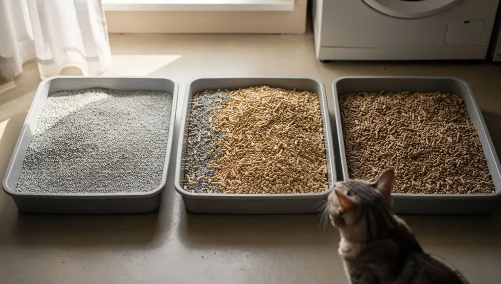A split-view image showing the mixing process of two different litter types in one box