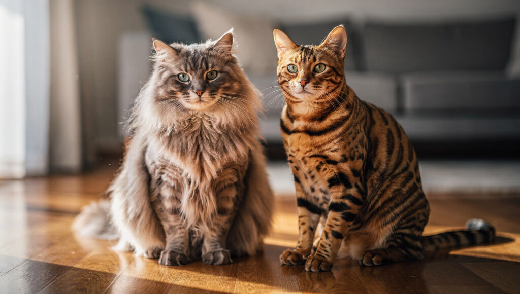 A Siberian and a Bengal cat sitting together