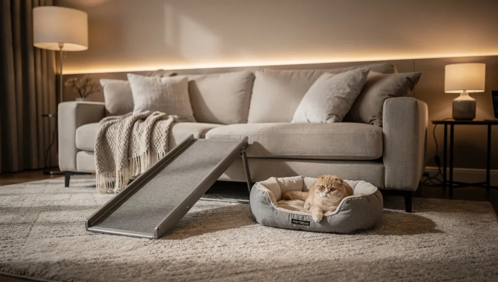 Joint-friendly home setup with cat ramp and orthopedic bed