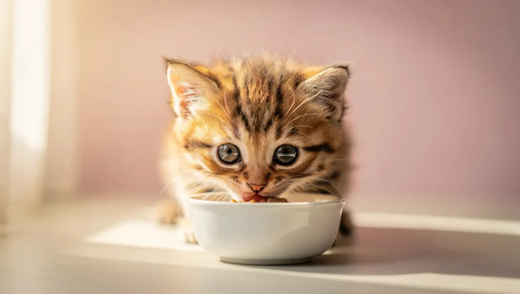 Tiny kitten eating from small food bowl natural light