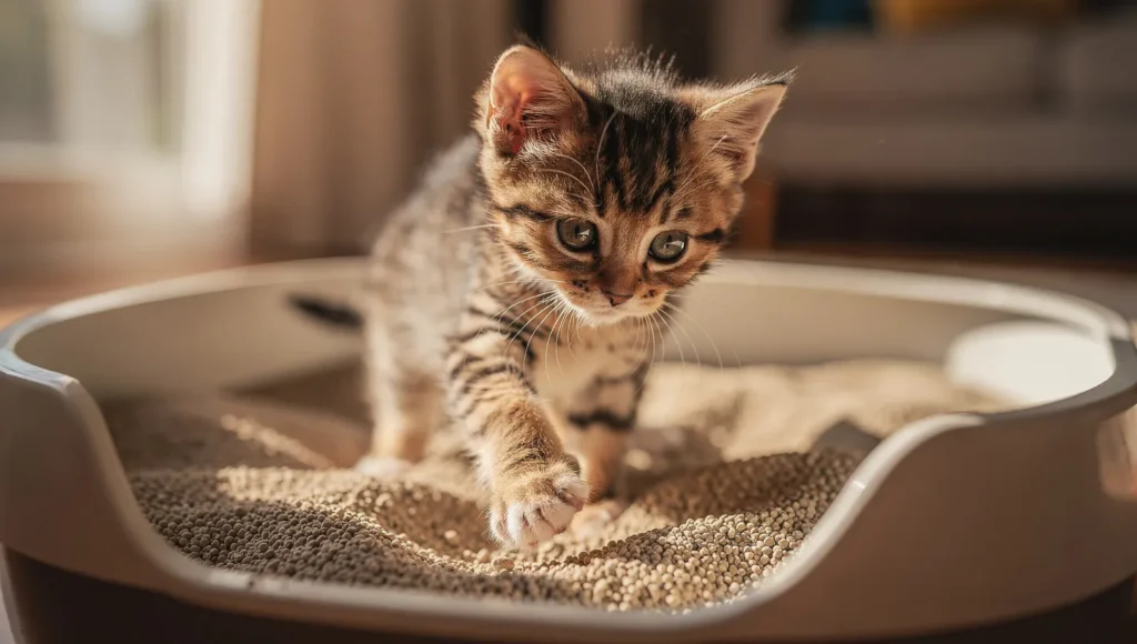 Kitten learning to use litter box