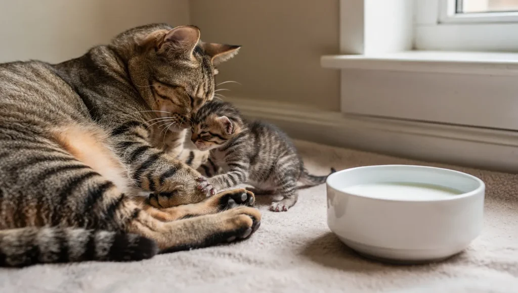Kitten with mother compared with cow milk