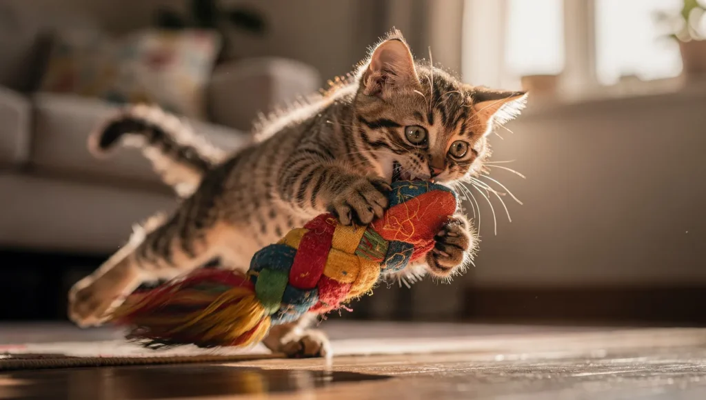 Kitten playing with kicker toy instead of hands