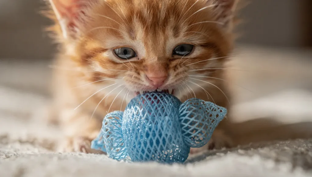 Kitten chewing a teething toy