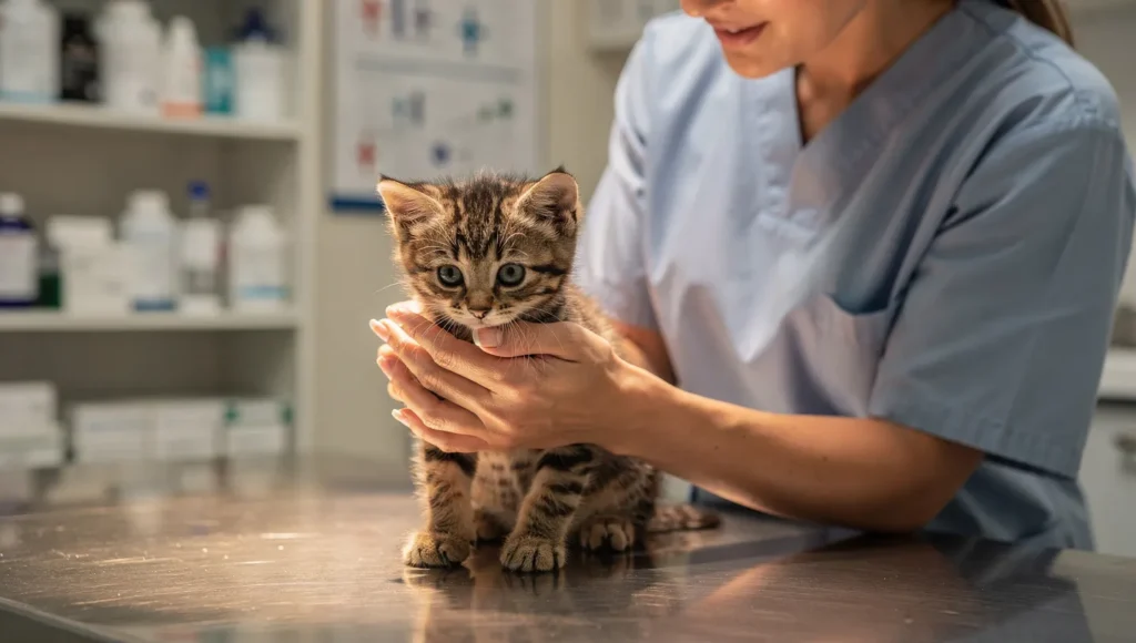 Veterinarian examining a healthy kitten
