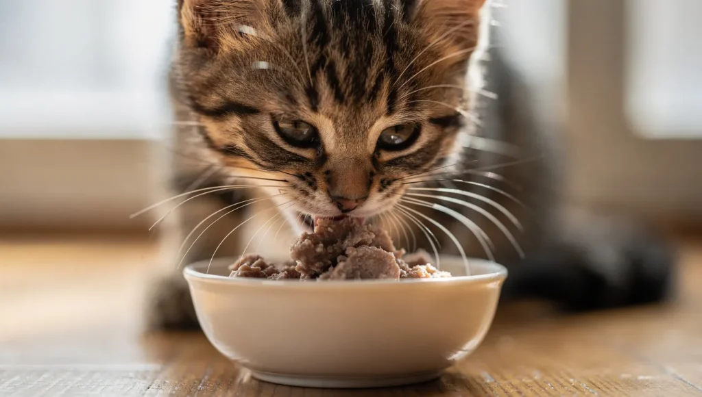 Kitten eating wet food during weaning stage