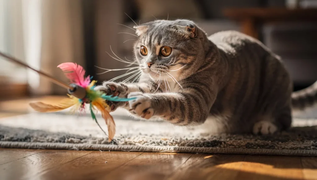 Low mobility cat playing safely with wand toy on the floor