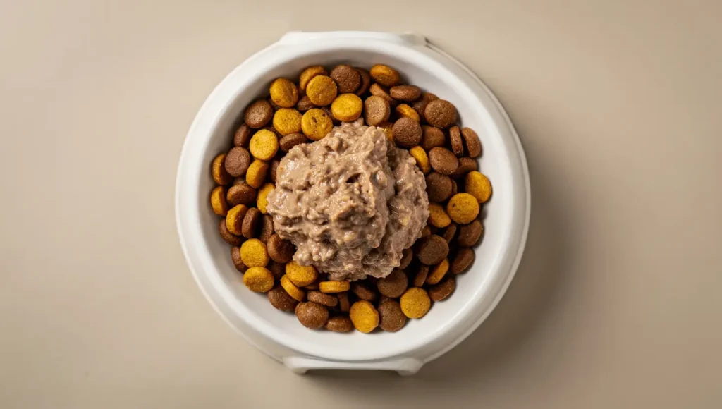 A healthy mixture of wet and dry cat food in a bowl.