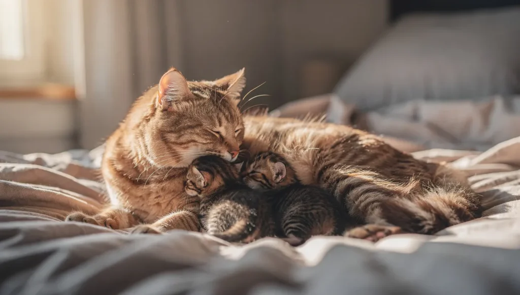Mother cat nursing kittens in a bed