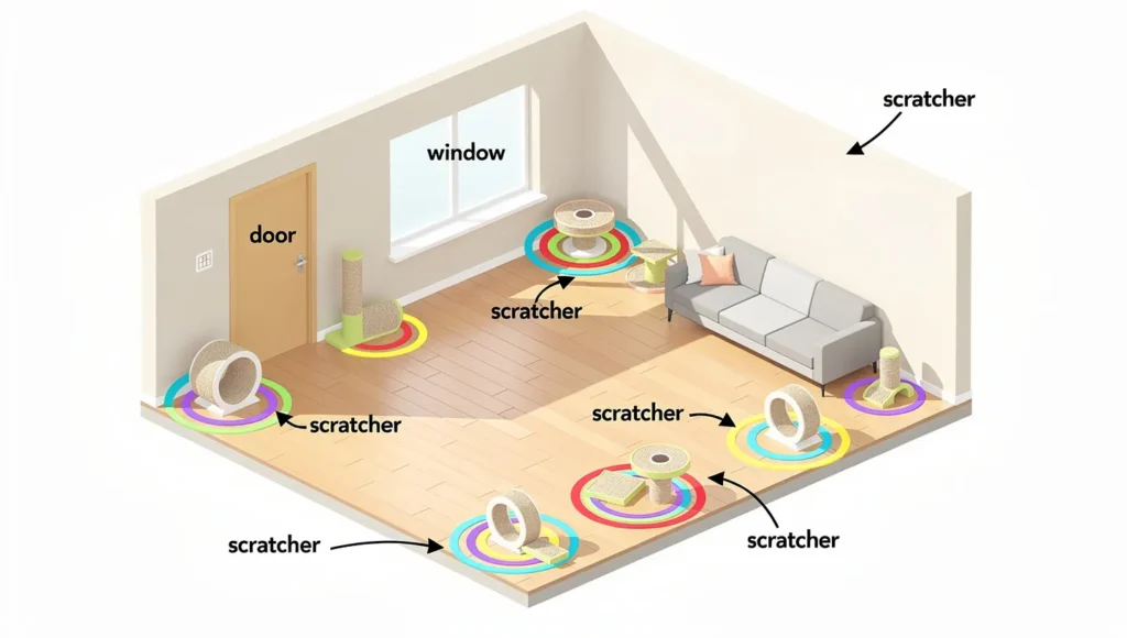 Architectural diagram showing scratcher placement strategy in home