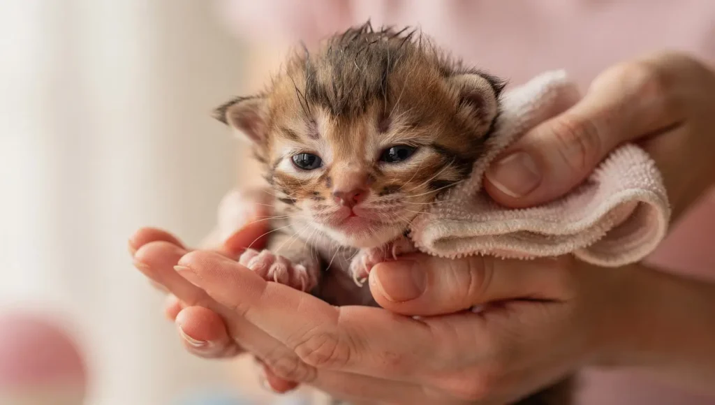 A tiny kitten sitting in a person's palm being gently washed with a washcloth.