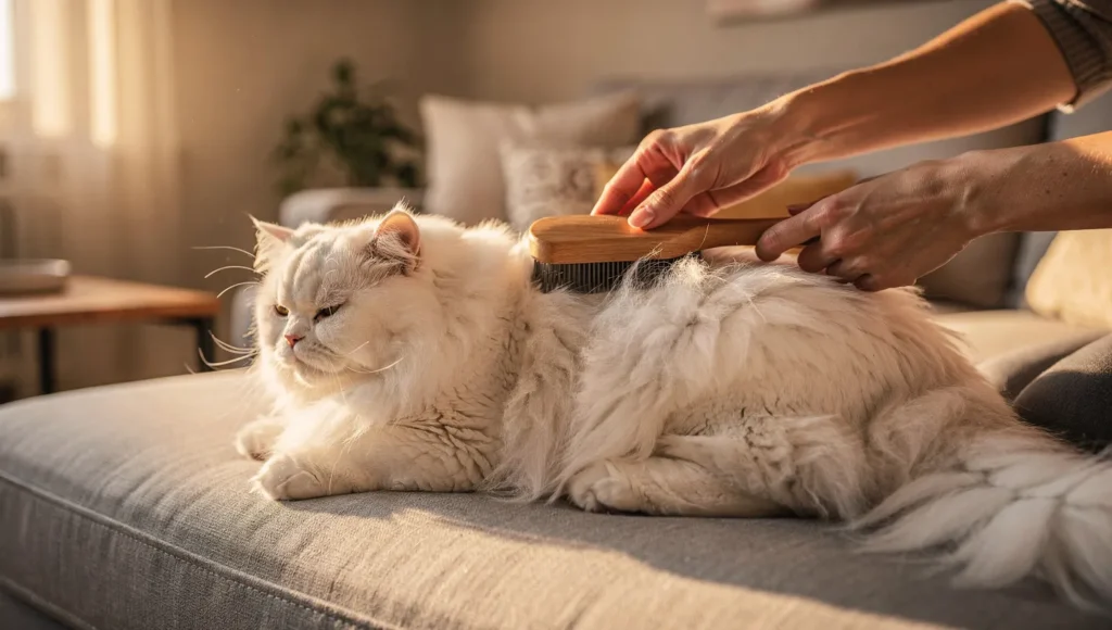 Owner gently brushing a white Persian cat at home