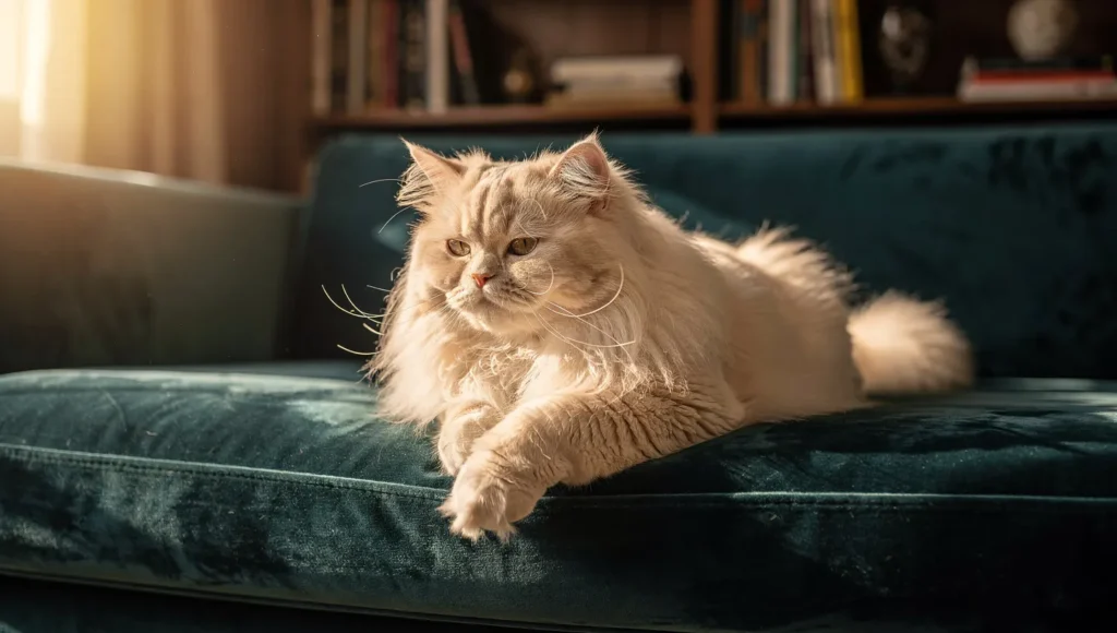 Persian cat relaxing on couch indoor