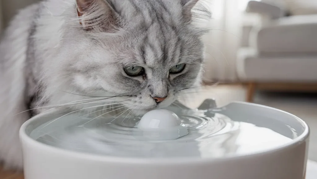 Persian cat drinking from a water fountain
