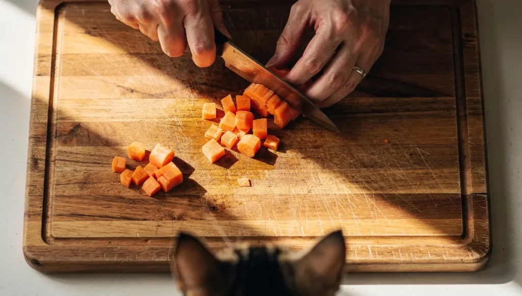 A person's hands finely dicing a steamed carrot into tiny, safe pieces for a cat
