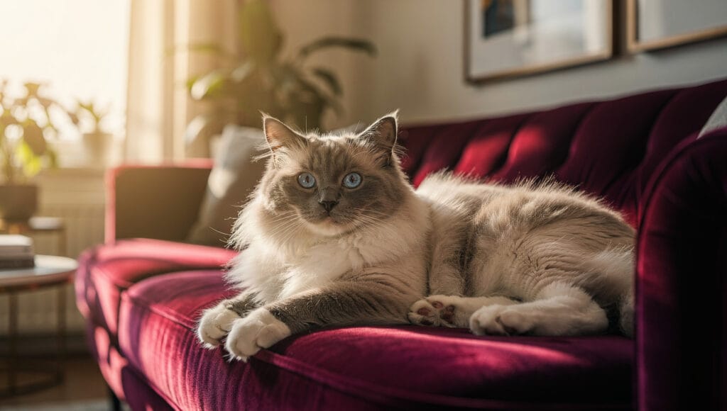 Ragdoll Cat Care A stunning adult Ragdoll cat with blue eyes lounging on a rug.