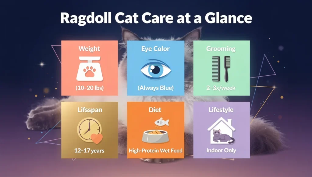 Ragdoll cat care complete guide infographic — grooming, health, feeding and personality tips
