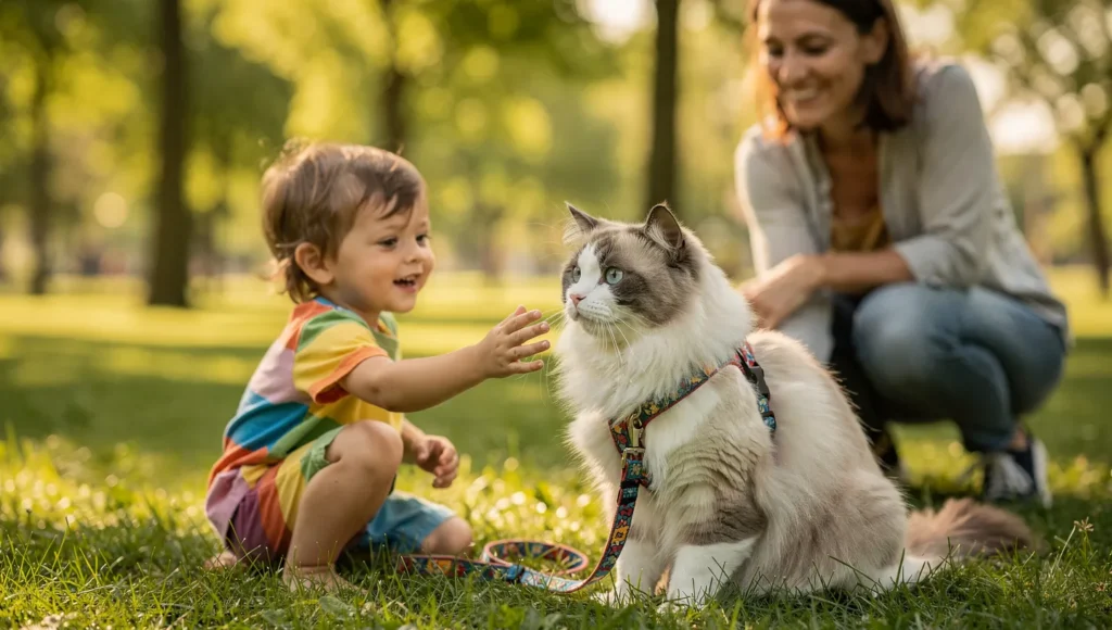 Ragdoll cat on a leash exploring outdoors with a happy family in a park