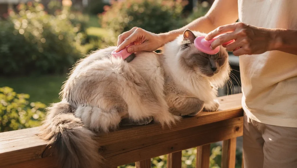 Owner brushing a relaxed Ragdoll cat on a sunny porch or balcony