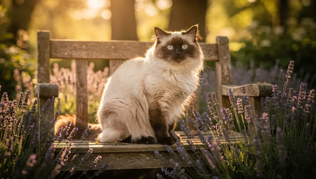 Fluffy Ragdoll cat sitting outdoors in a garden with natural sunlight