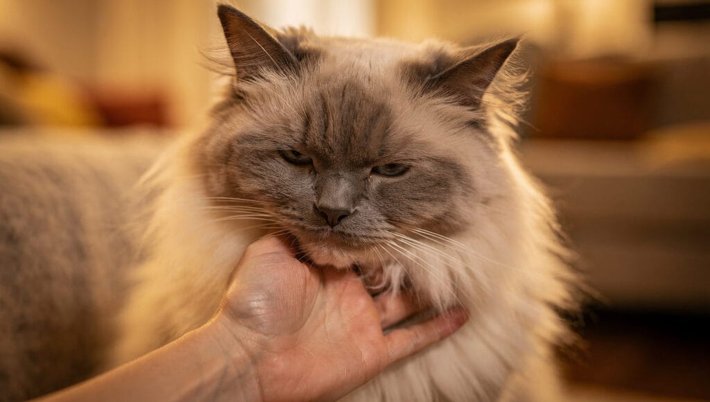 A docile Ragdoll cat showing its gentle temperament with its owner.
