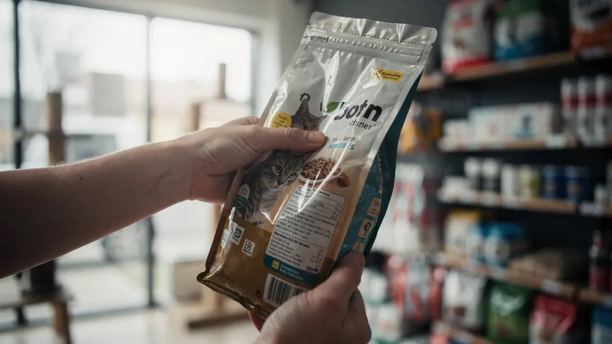 Cat food labels A high-quality, close-up shot of a cat owner carefully reading the back of a cat food bag in a bright, modern pet store, with a curious tabby cat blurred in the background