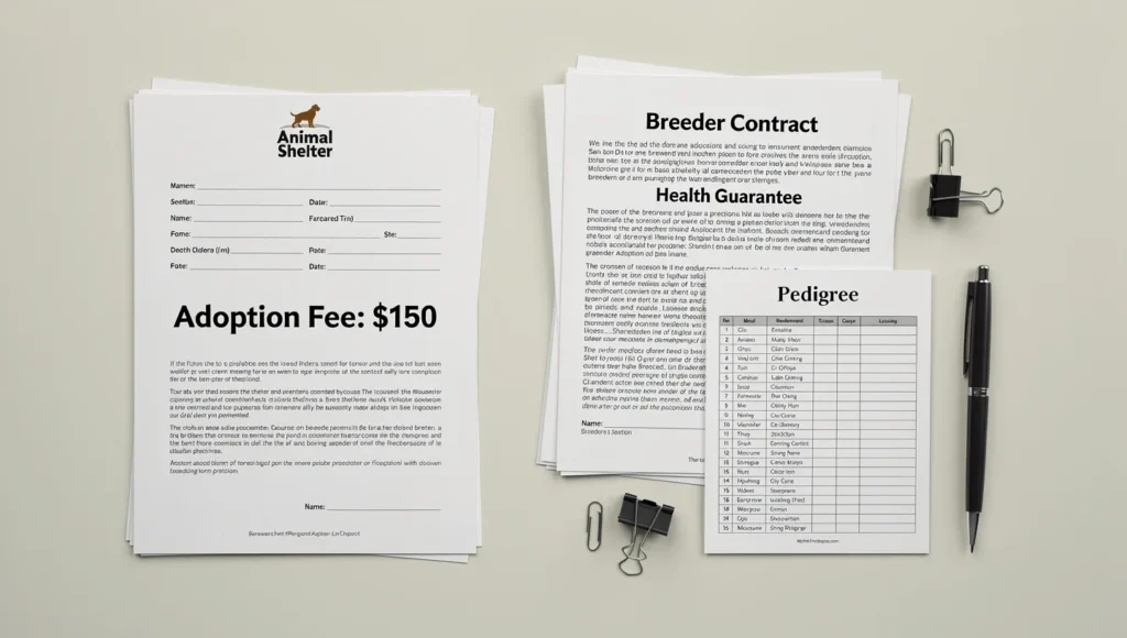 Visual representation of adoption paperwork versus breeder contract documents