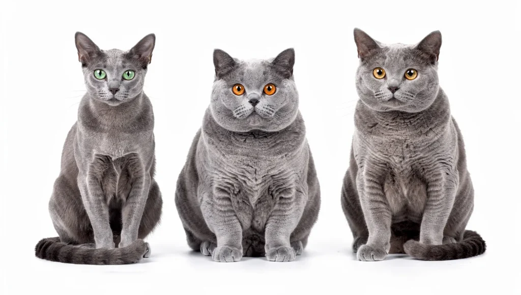 Professional breed comparison showing Russian Blue, British Shorthair, and Chartreux cats