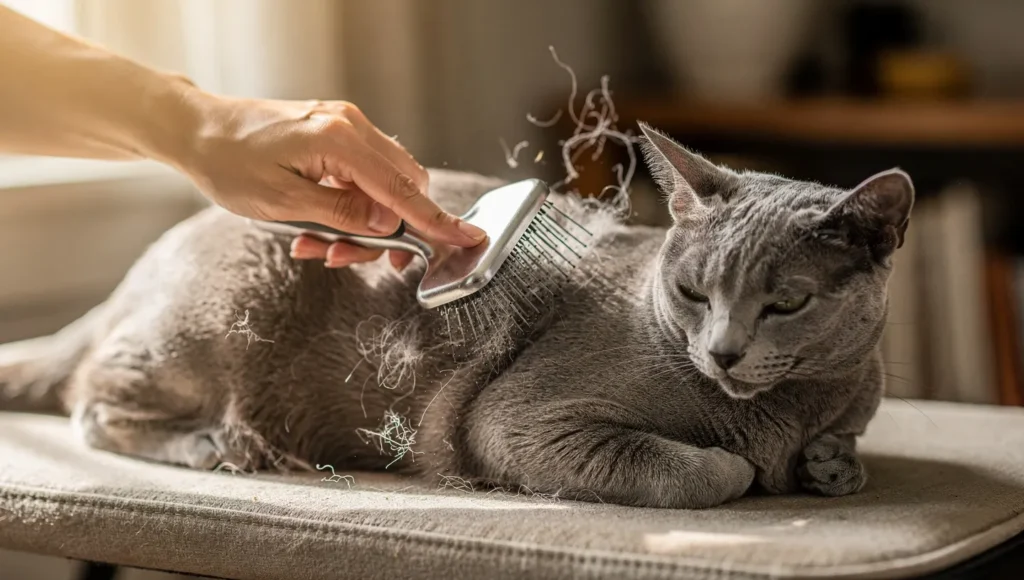 Demonstration of proper slicker brush technique on Russian Blue double coat