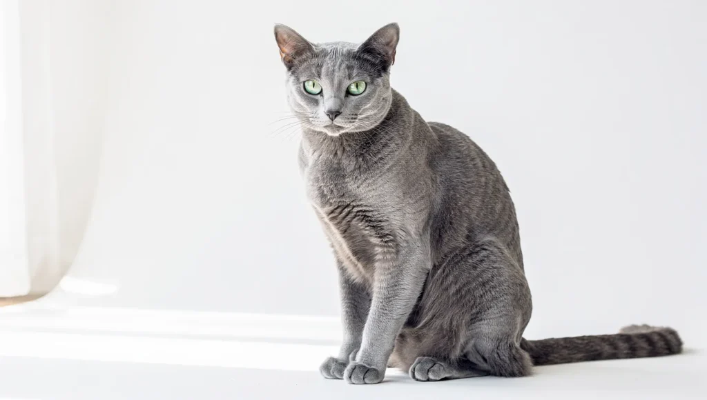 Russian Blue cat blue coat green eyes close up