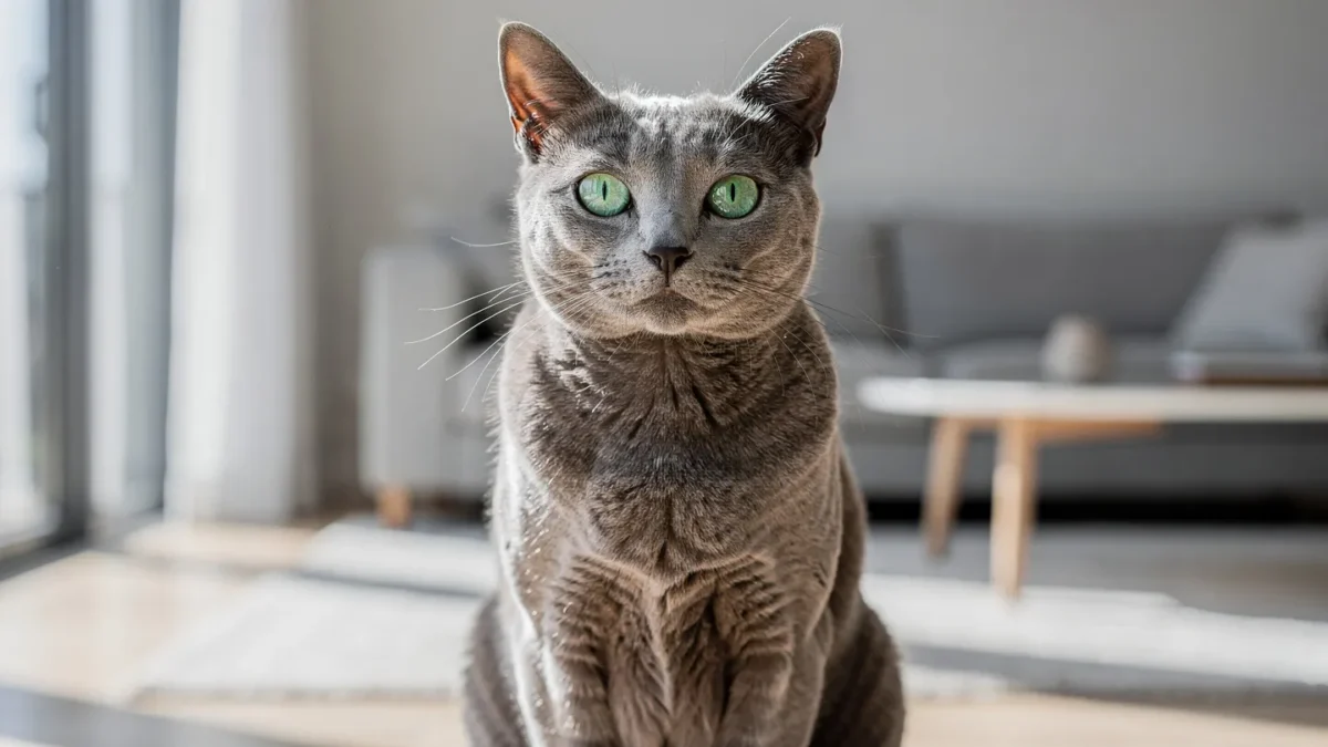 Russian Blue cat with emerald green eyes sitting in modern home interior