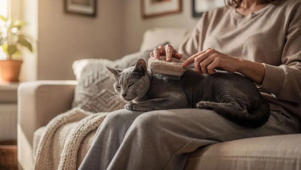 Person brushing Russian Blue cat at home