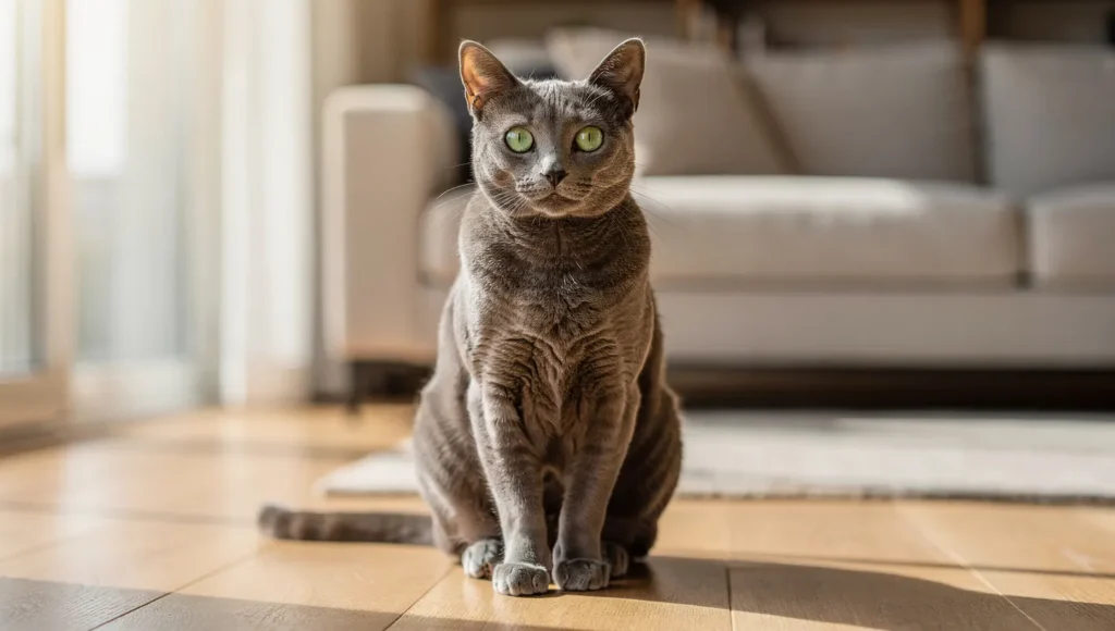 Healthy alert Russian Blue cat indoors