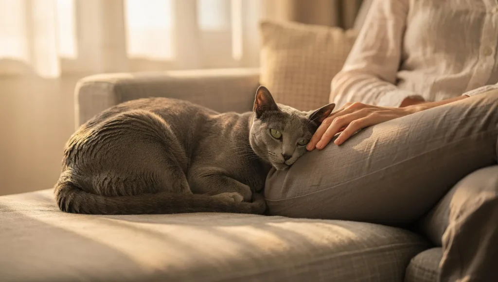 Russian Blue cat sitting calmly with owner on couch