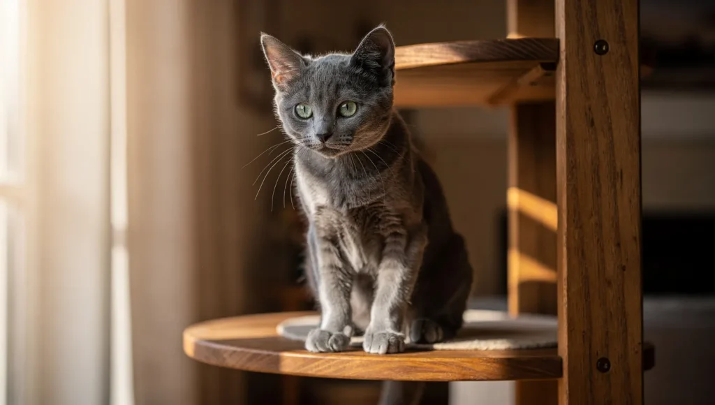 Russian Blue kitten observing surroundings from high cat tree perch