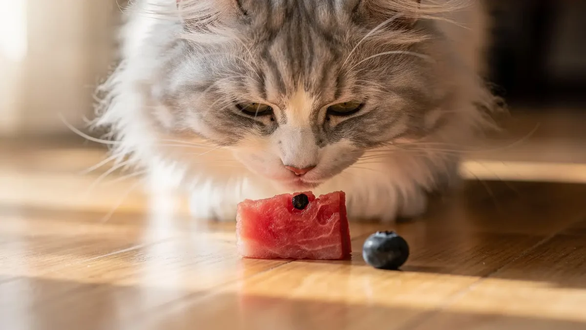 Safe fruits for cats A curious cat sniffing a small piece of fresh fruit on a wooden floor