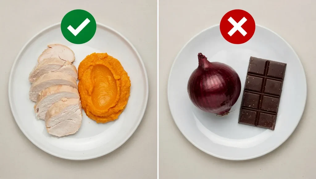 Comparison of safe ingredients like chicken and toxic ingredients like onions for cats.