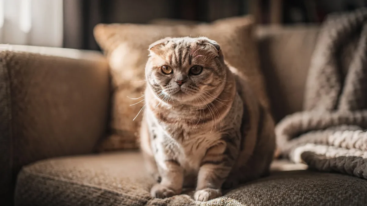 Scottish Fold health and care guide A beautiful Scottish Fold cat sitting comfortably on a soft grey rug at home