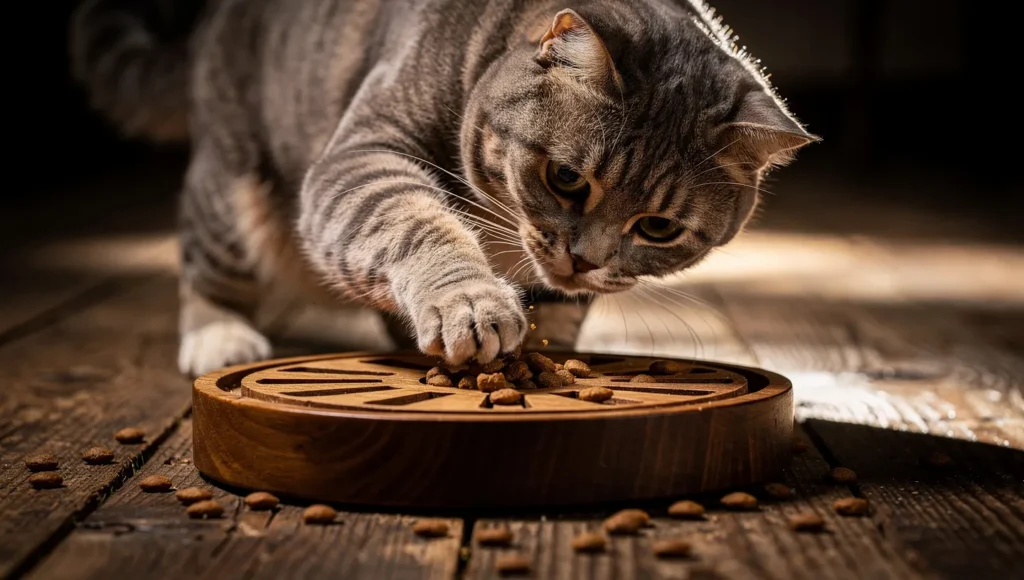 Scottish Fold cat playing with a wooden food puzzle toy