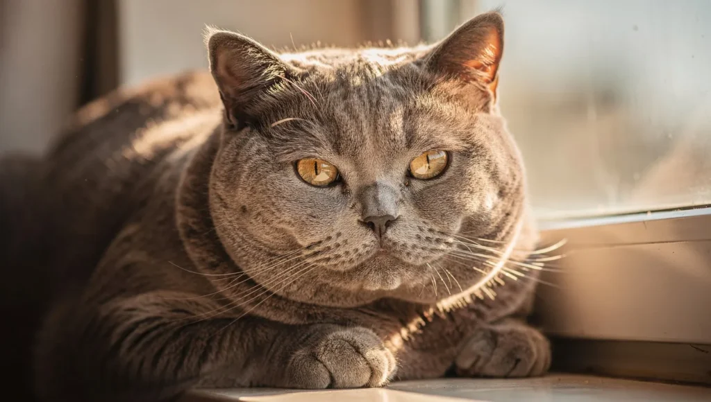 Healthy senior British Shorthair cat enjoying its long lifespan.
