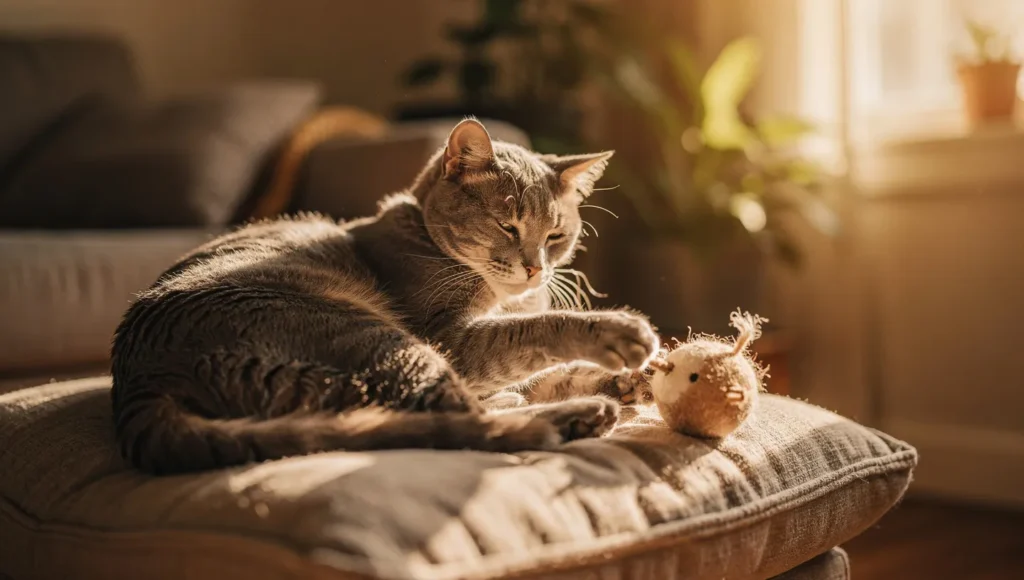 Senior cat playing gently with soft toy
