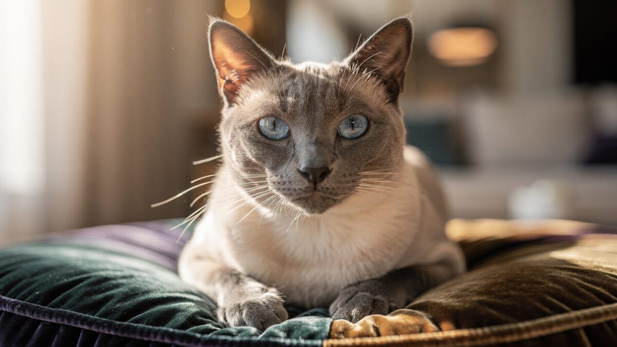 Siamese cat care A close-up shot of a Blue Point Siamese cat highlighting its deep blue eyes and pointed coat.