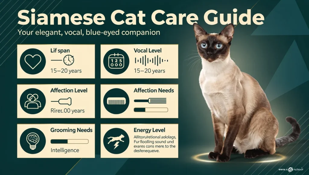 Siamese cat care quick facts infographic with lifespan personality and grooming needs