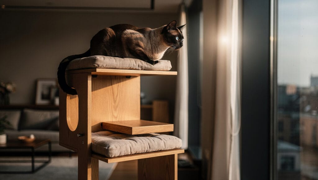 A Siamese cat utilizing vertical space on a tall cat tree for mental enrichment.