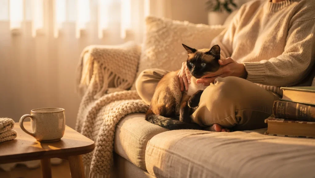 Siamese cat cuddling closely with owner on cozy couch during golden hour