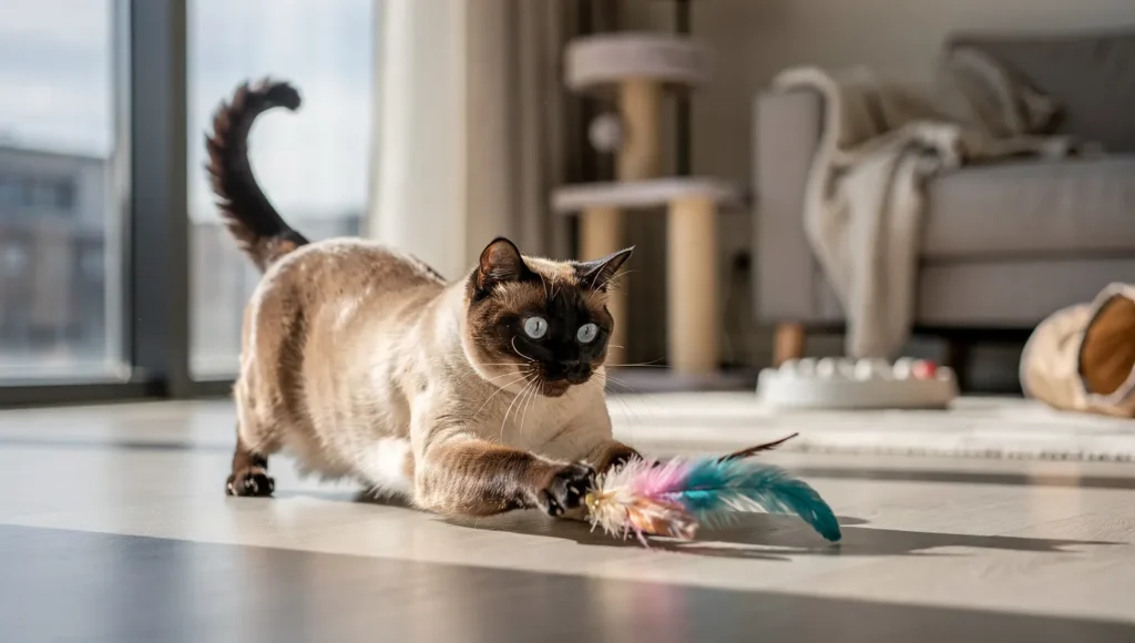 Energetic Siamese cat jumping while playing with interactive feather toy