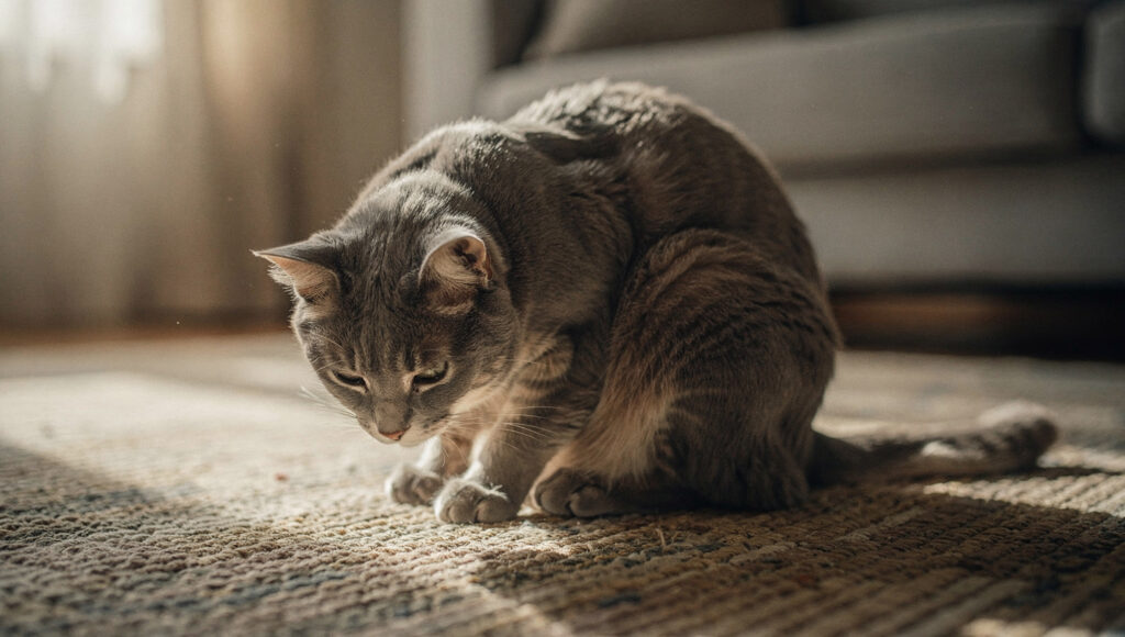 A hunched cat looking unwell
